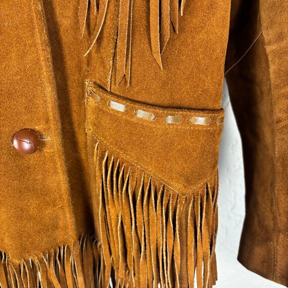 Vintage 1960s Leather Fringe J Sully Western Hippie Sz 16 Coat - Picture 3 of 7